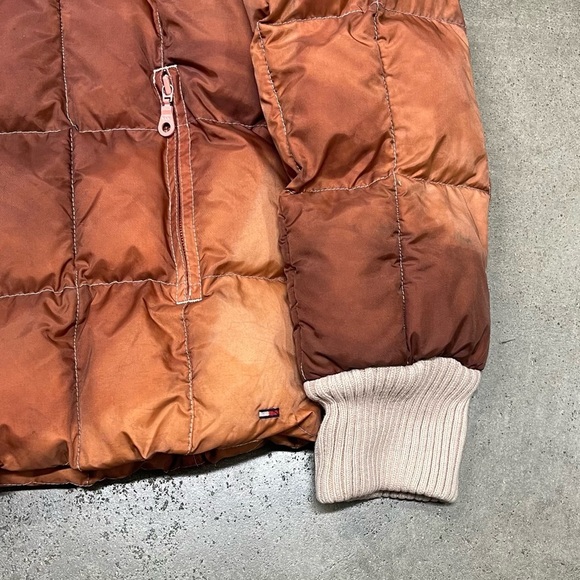 Vintage Y2K Tommy Jeans Puffer Jacket Faded Brown Cream Ribbed Collar Size L - Picture 2 of 9